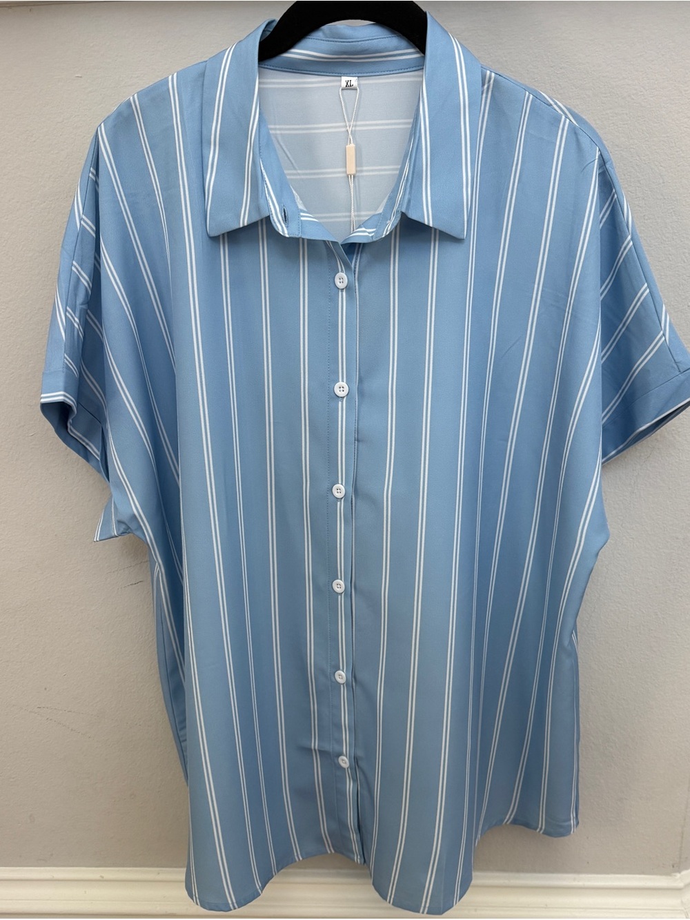 Ladies Light Blue Vertical-Stripe Short Sleeve Button Blouse